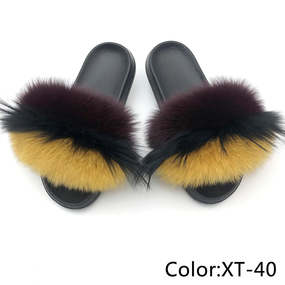 SARSALLYA Fur Slippers Women Real Fox Fur Slides Home Furry Flat Sandals Female Cute Fluffy House Shoes Woman Brand Luxury 2024