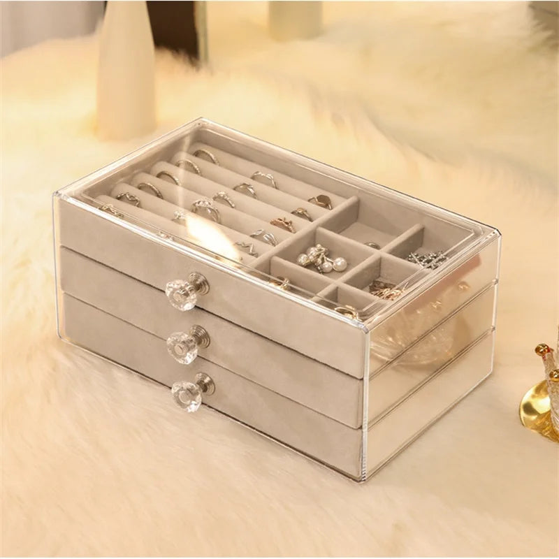 Three-layer Transparent Velvet Jewelry Drawer