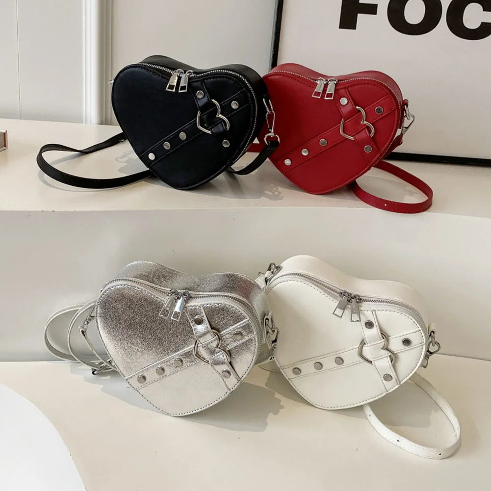Vintage Y2K Small Chain Rivet Shoulder Bag Heart Shaped Purse Handbag Red PU Leather Gothic Tote Bag Fashion Women Crossbody Bag