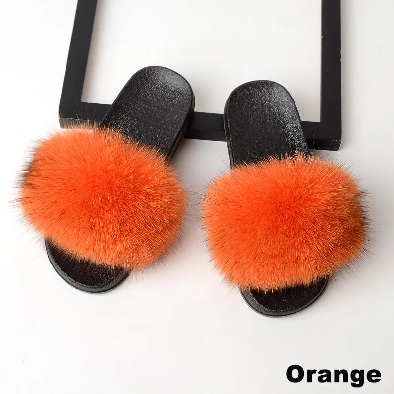 SARSALLYA Fur Slippers Women Real Fox Fur Slides Home Furry Flat Sandals Female Cute Fluffy House Shoes Woman Brand Luxury 2024