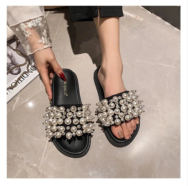 pearl rivets thick bottom women slippers crystal beading flip flops lace band platform sandalias mujer pearl slides big size 43