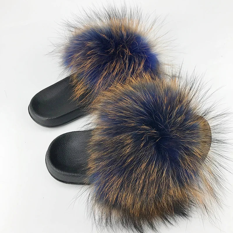 SARSALLYA Fur Slippers Women Real Fox Fur Slides Home Furry Flat Sandals Female Cute Fluffy House Shoes Woman Brand Luxury 2024