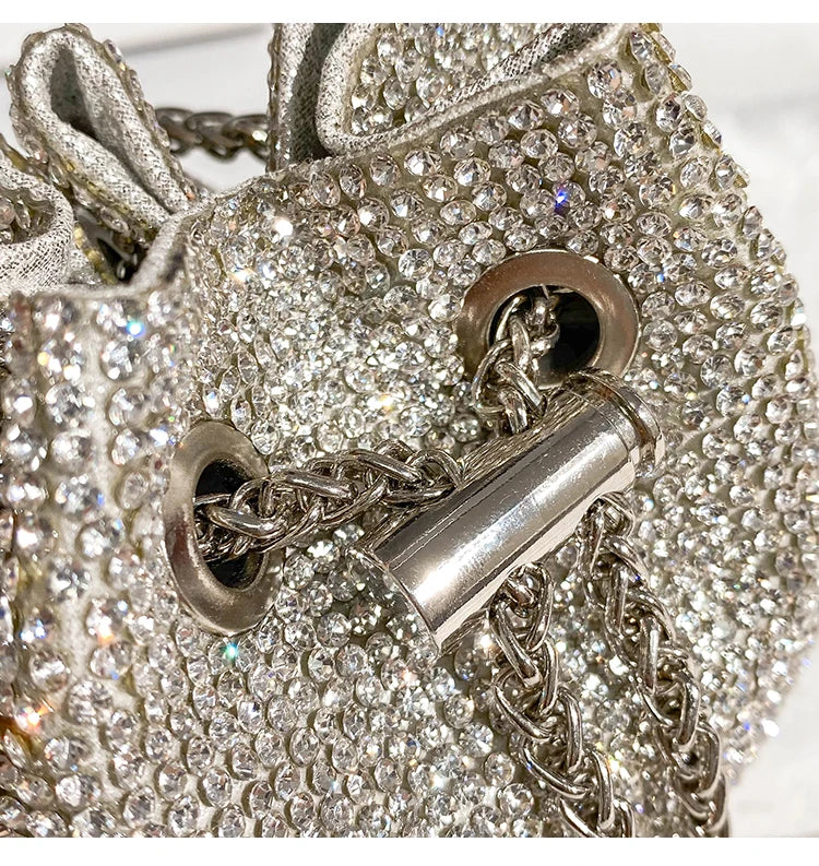 Rhinestones Diamond Evening Clutch Bag Luxury Designer Metal Ring Women's Handbag Wedding Party Bling Bucket Purse Shoulder Bag