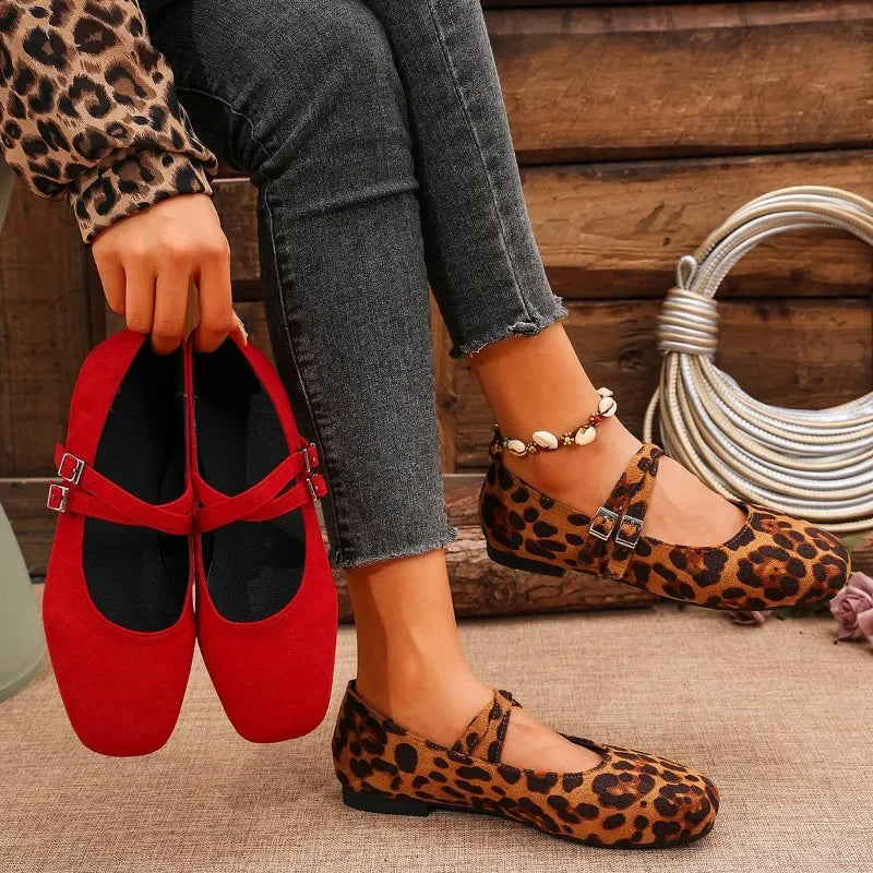Mary Jane Buckle Strap Ballet Flats Women Shoes Shallow Casual Leopard Print Comfortable Square Toe Flat Shoes for Women Zapatos