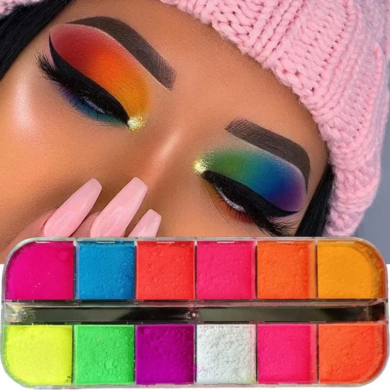 Eyeshadow Palette 12 Colors Matte Neon Fluorescent Pigment Metallic Makeup Palette Glitter Eyeshadow Palette Nail Art Powder