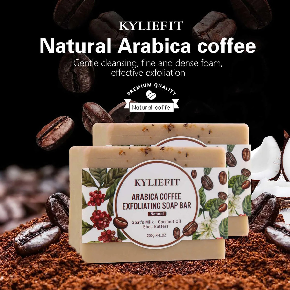 KYLIEFIT صابون تقشير القهوة العربية، تنظيف عميق، بشرة ناعمة، بزيت جوز الهند، زبدة الشيا، مناسب للوجه والجسم