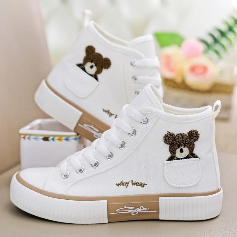 Comemore High-top Canvas Woman Vulcanized Shoes Flats Casual Espadrilles for Women Spring Lady Black White Bear Lace Up Sneakers