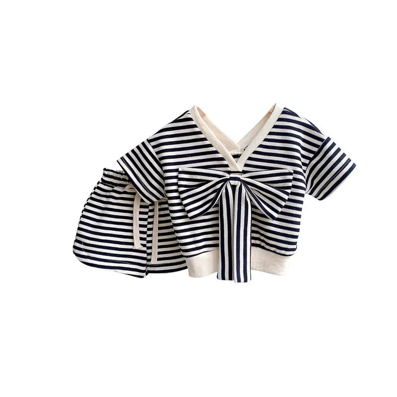 Girl Clothes Set Striped Fashion Outfits Clothing Set Bowknot V-neck Shirt and Shorts Children Sets Toddler Girl Clothes