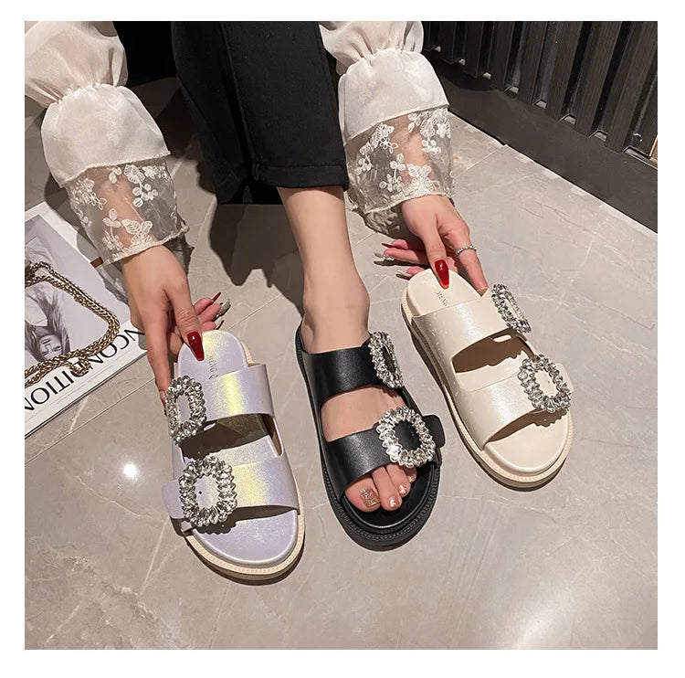pearl rivets thick bottom women slippers crystal beading flip flops lace band platform sandalias mujer pearl slides big size 43