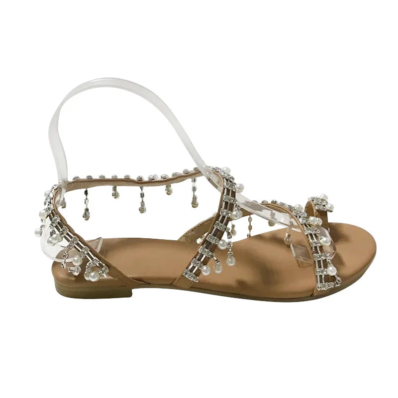 1 Pair Women Beach Sandals Faux Pearl Tassels Flat Dressy Ankle Strap Open Toe Lightweight Women Casual Sandals Shoes