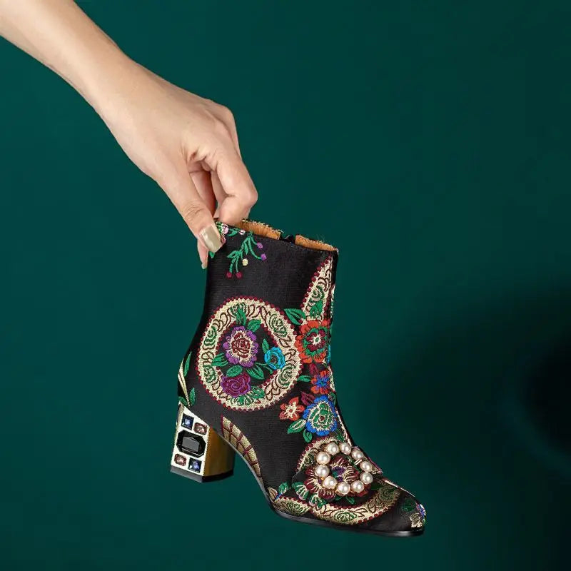 FHC New Chinese Style Women Ankle Boots,Fashion Embroidery Winter Shoes,High Heels Short Botas,Pointed Toe,Black,Yellow,Dropship