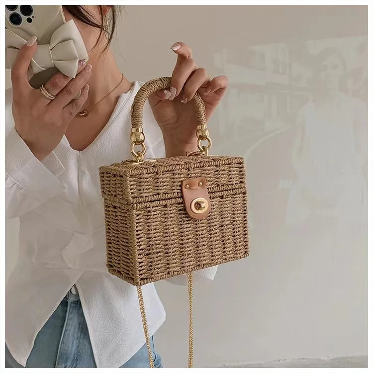 New rattan black straw Shoulder Bag Women hand-woven Messenger Bag Summer Beach Square box Straw Handbag For lady Bolsa Feminina
