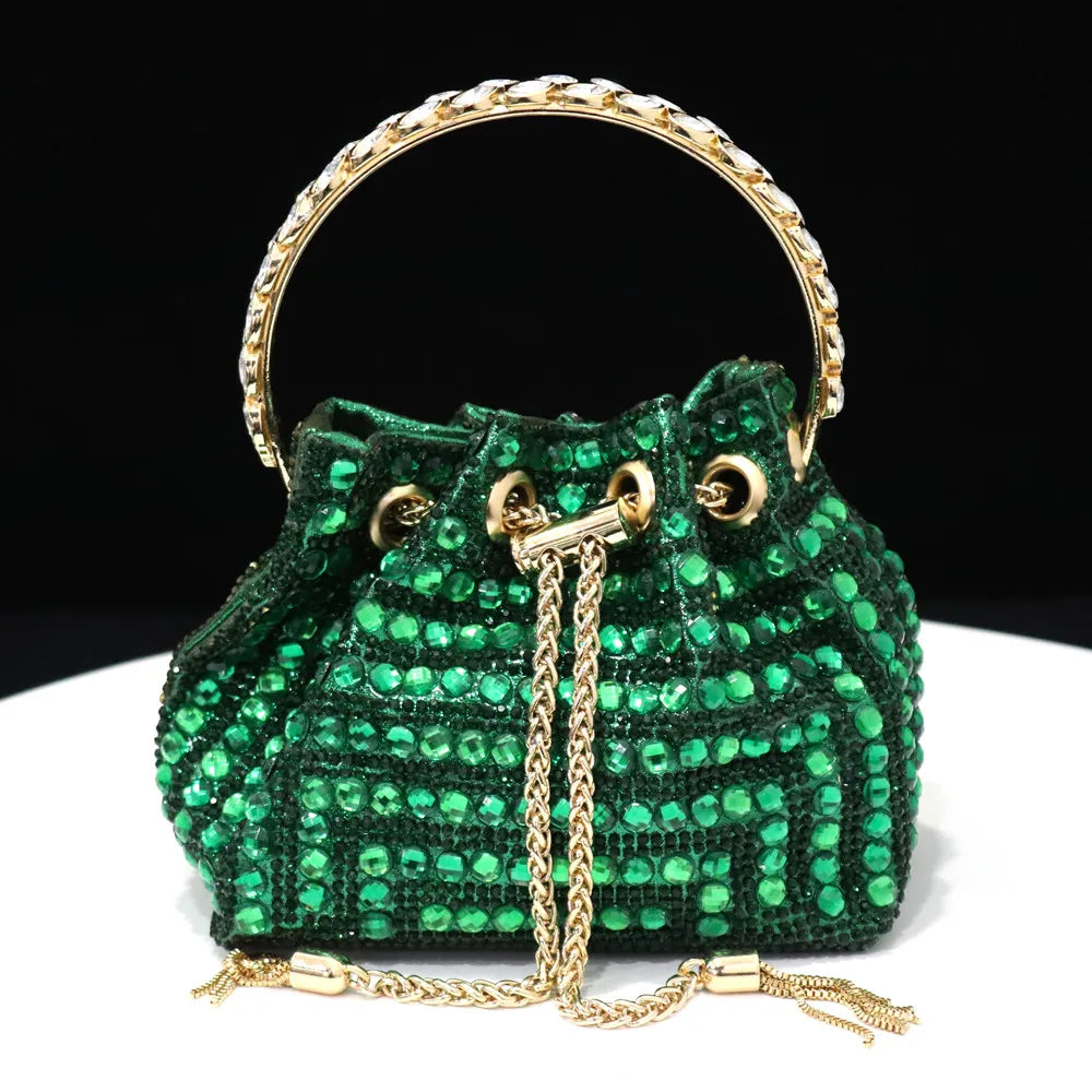Rhinestones Women Evening Bags Bucket Design Party Day Clutch Soft Mixed Color Handle Design Handbags Purse Mature