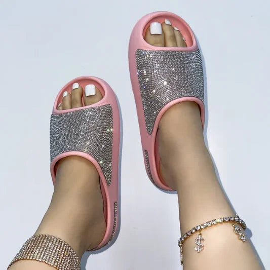 2024 women's/men new luxury women's shoes with diamond face, thin flash thick bottom slippers sandals outdoor beach slippers