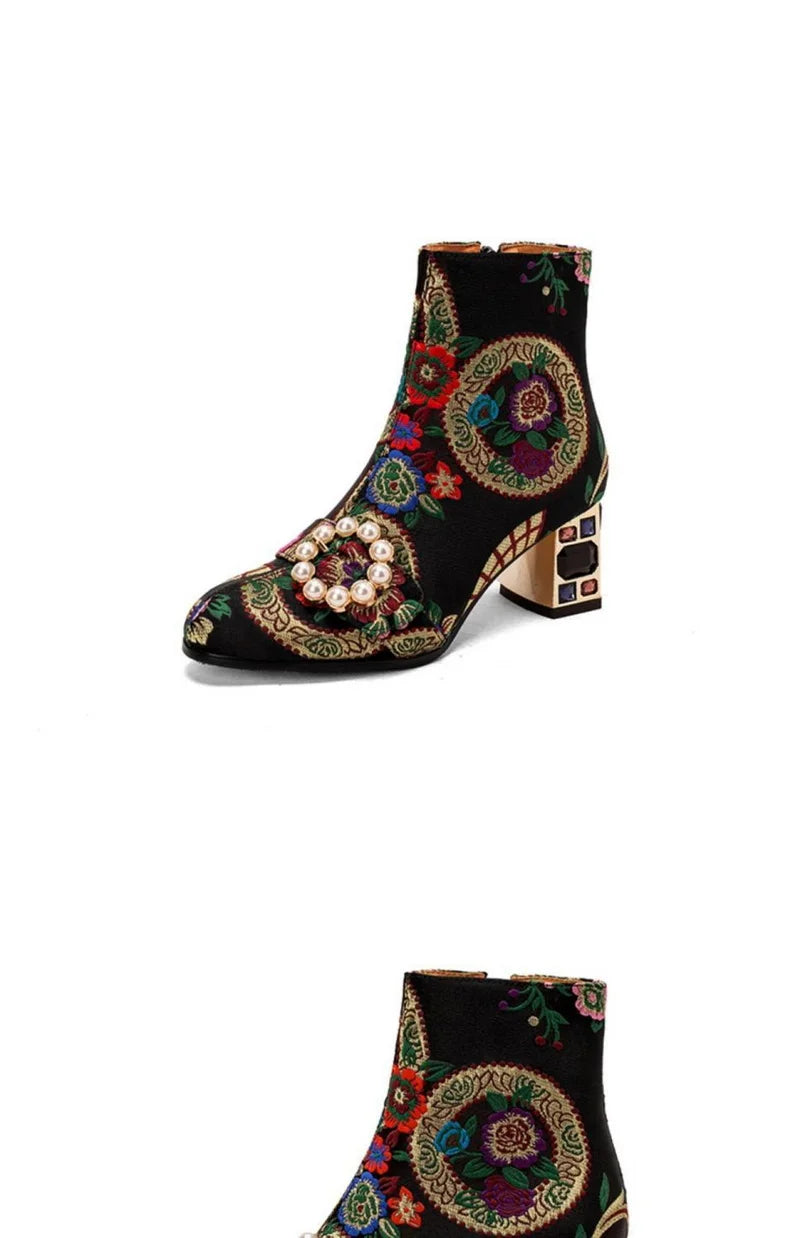 FHC New Chinese Style Women Ankle Boots,Fashion Embroidery Winter Shoes,High Heels Short Botas,Pointed Toe,Black,Yellow,Dropship