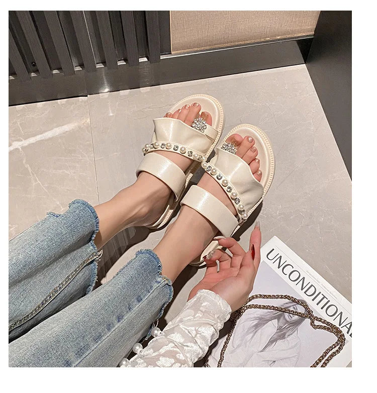 pearl rivets thick bottom women slippers crystal beading flip flops lace band platform sandalias mujer pearl slides big size 43