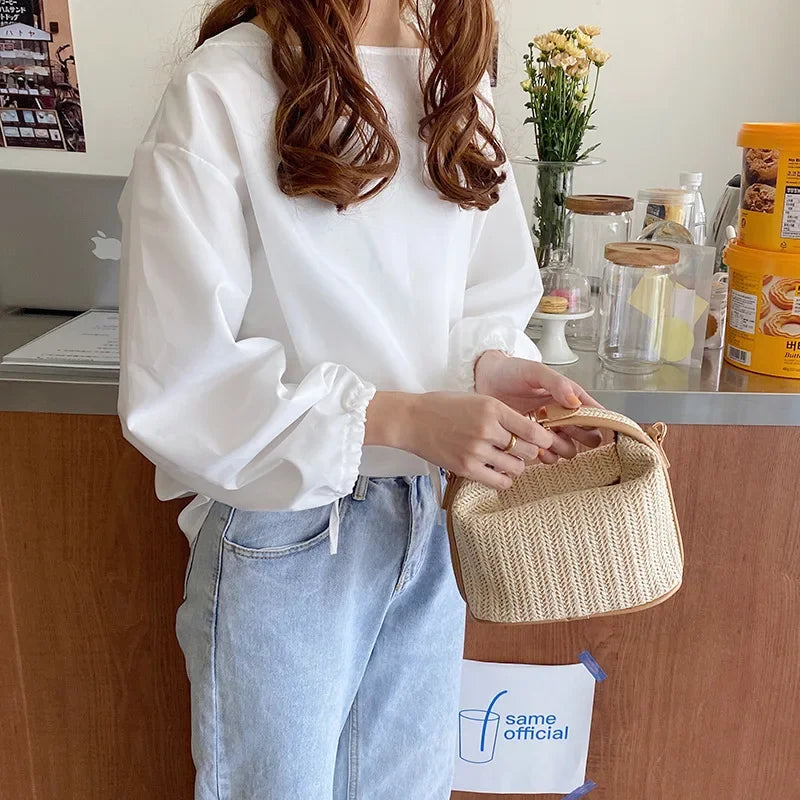 2024 New Handmade Straw Crossbody Bags Women's Vintage Bohemian Small Knitting Summer Purse Handbag Vacational Bucket Beach Bags