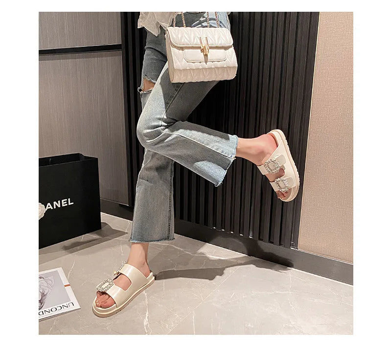 pearl rivets thick bottom women slippers crystal beading flip flops lace band platform sandalias mujer pearl slides big size 43