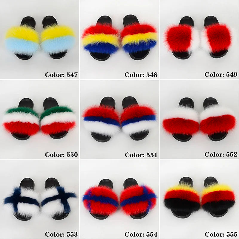 SARSALLYA Fur Slippers Women Real Fox Fur Slides Home Furry Flat Sandals Female Cute Fluffy House Shoes Woman Brand Luxury 2024