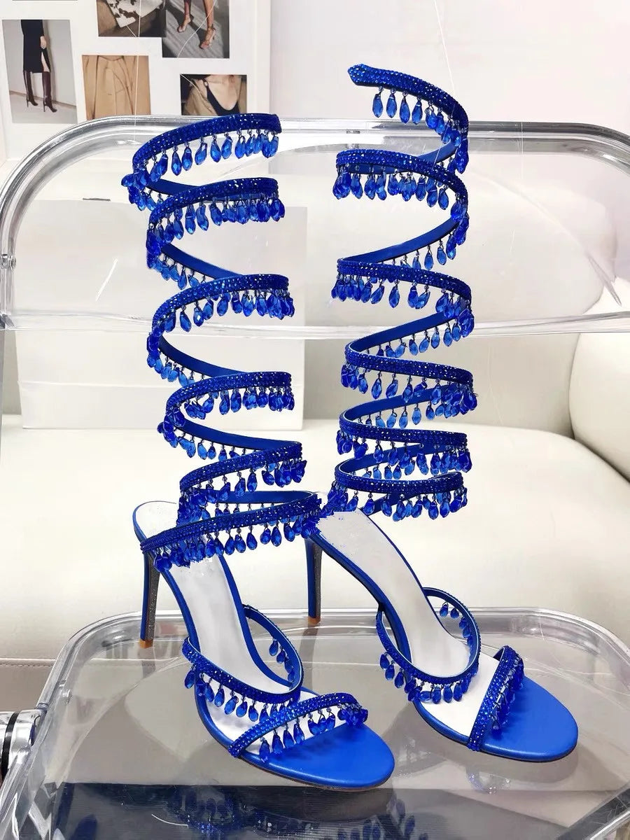 2025 Women's New Rhinestone Sandals Fashion Tassel Crystal Shoes Sexy Nightclub Banquet Party Twining Stiletto Women's Sandals