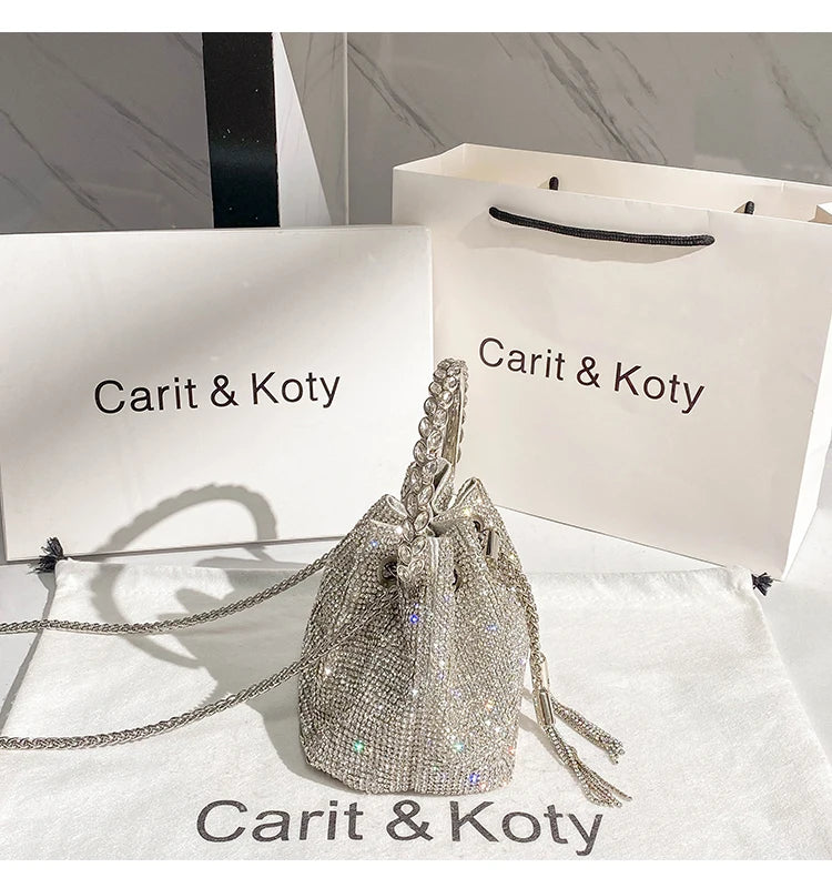 Rhinestones Diamond Evening Clutch Bag Luxury Designer Metal Ring Women's Handbag Wedding Party Bling Bucket Purse Shoulder Bag