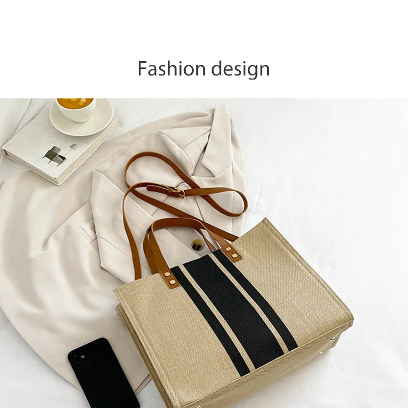 Simple Canvas Stripe Decor Bucket Handbags Women Top Handle Tote Bag Large Capacity Casual Shoulder Crossbody Bags