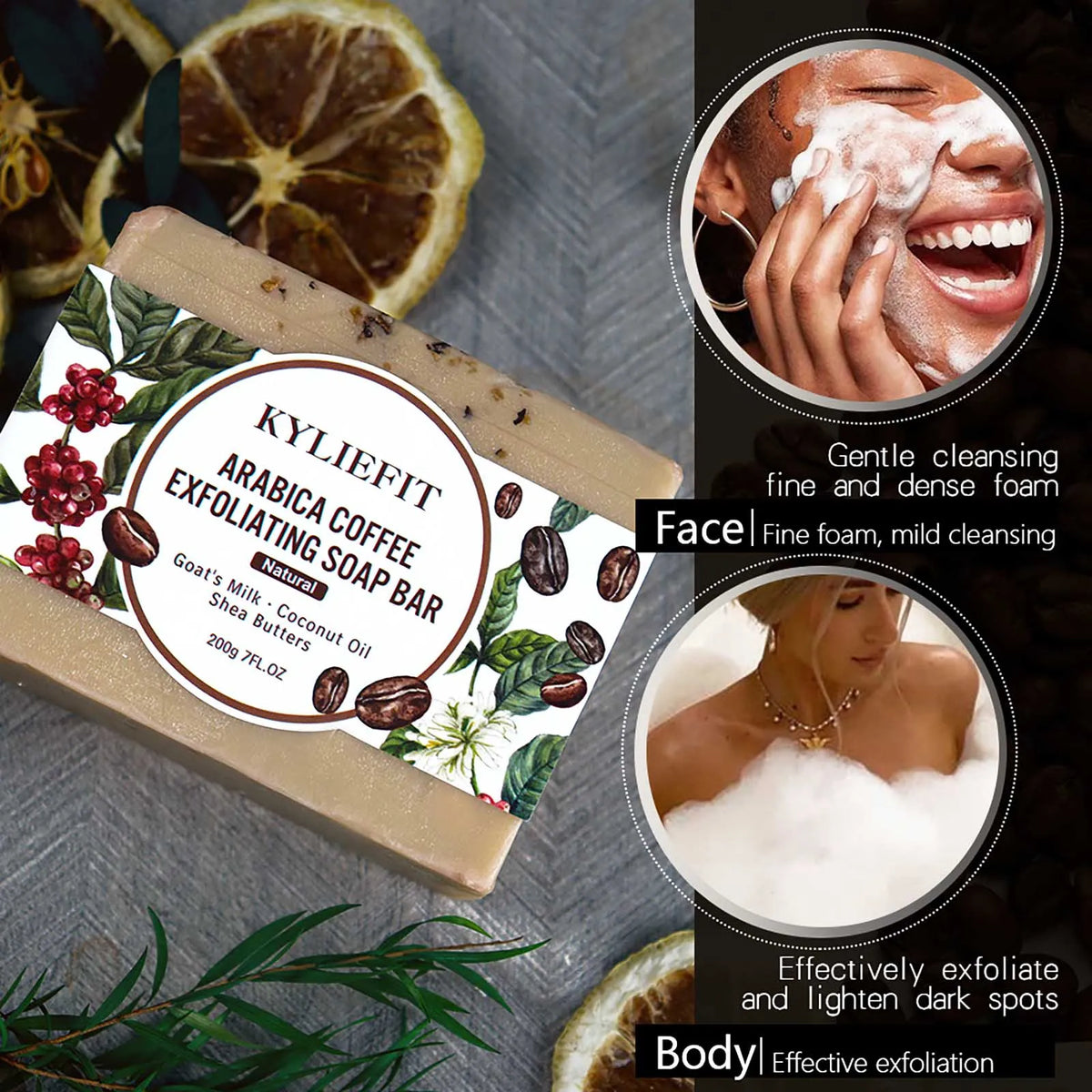 KYLIEFIT Arabica Coffee Exfoliating Soap, Deep Cleaning, Smooth Skin, With Coconut Oil, Shea Butter, Suitable for Face and Body