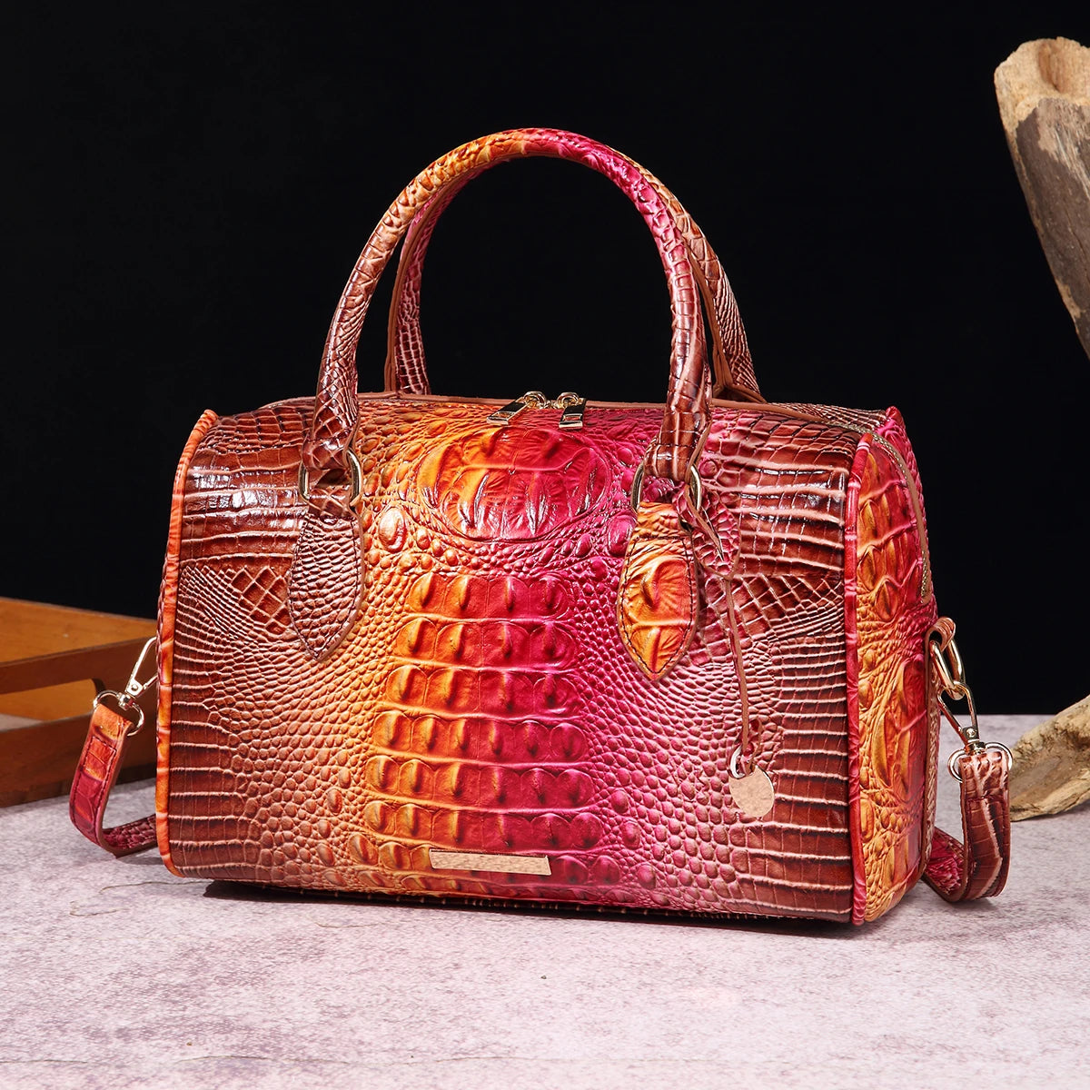 Ombre Crocodile Embossed Boston Handbag Classic Style Crossbody Bag Women's Leather Satchel Purse