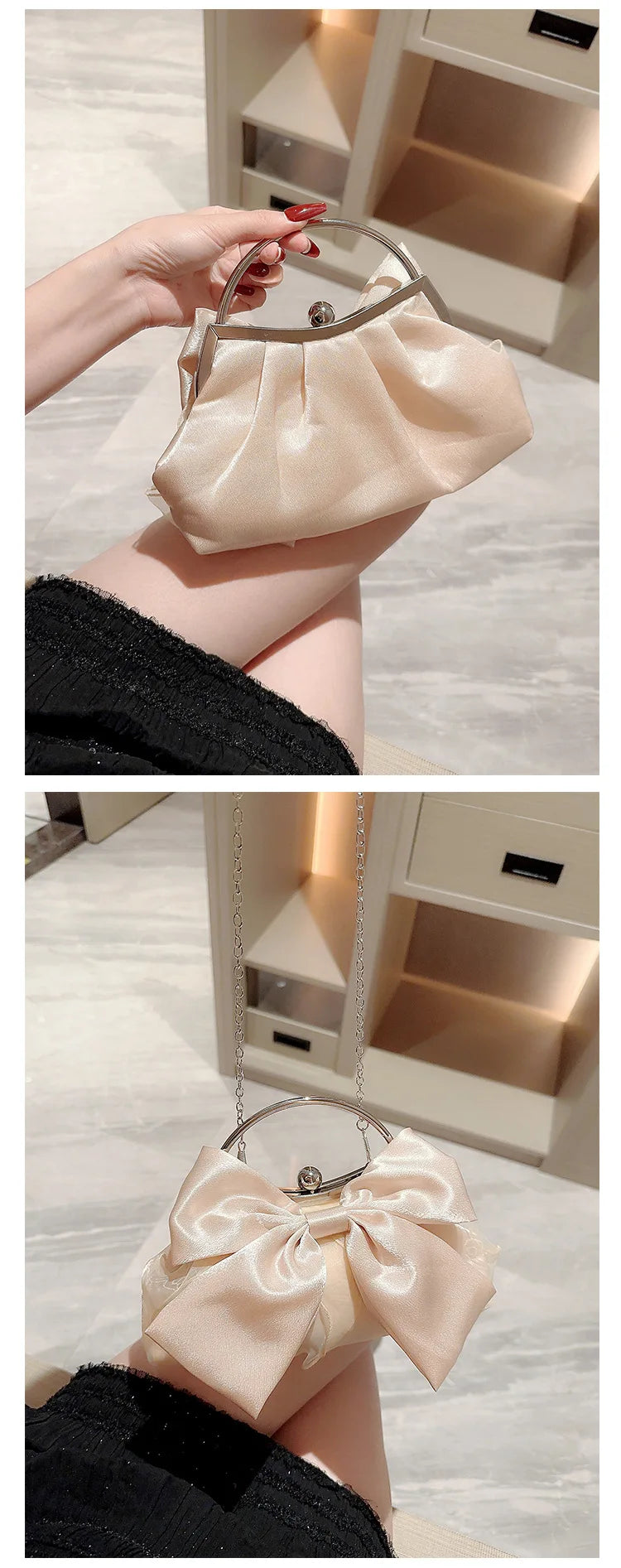 White Satin Bow Fairy Evening Bags Clutch Metal Handle Handbags for Women Wedding Party Bridal Clutches Purse Chain Shoulder Bag