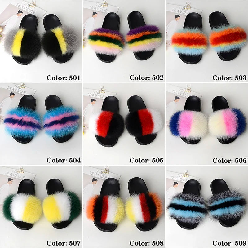 SARSALLYA Fur Slippers Women Real Fox Fur Slides Home Furry Flat Sandals Female Cute Fluffy House Shoes Woman Brand Luxury 2024