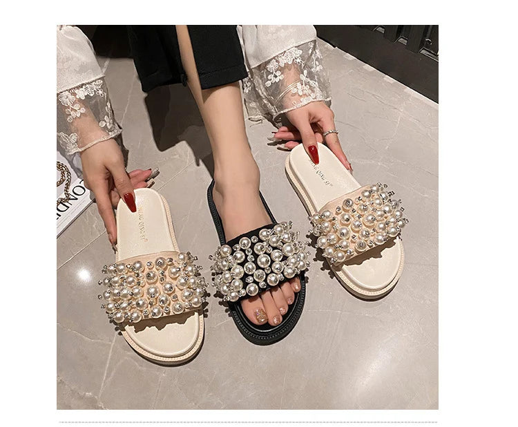 pearl rivets thick bottom women slippers crystal beading flip flops lace band platform sandalias mujer pearl slides big size 43