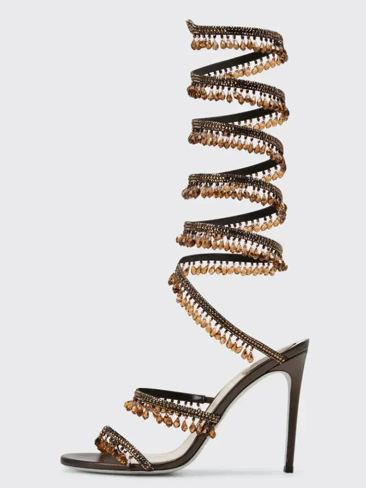 2025 Women's New Rhinestone Sandals Fashion Tassel Crystal Shoes Sexy Nightclub Banquet Party Twining Stiletto Women's Sandals
