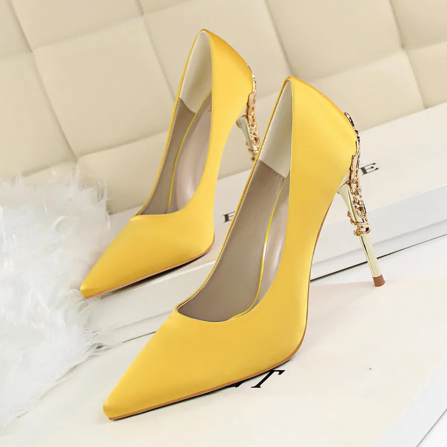 Woman 10cm High Heels Metal Heels Satin Silk Dress Fashion Pumps Lady Wedding Bridal Scarpin Catwalk Orange Green Wine Red Shoes