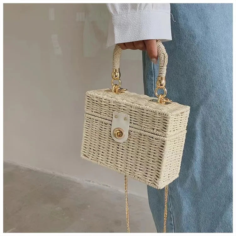 New rattan black straw Shoulder Bag Women hand-woven Messenger Bag Summer Beach Square box Straw Handbag For lady Bolsa Feminina