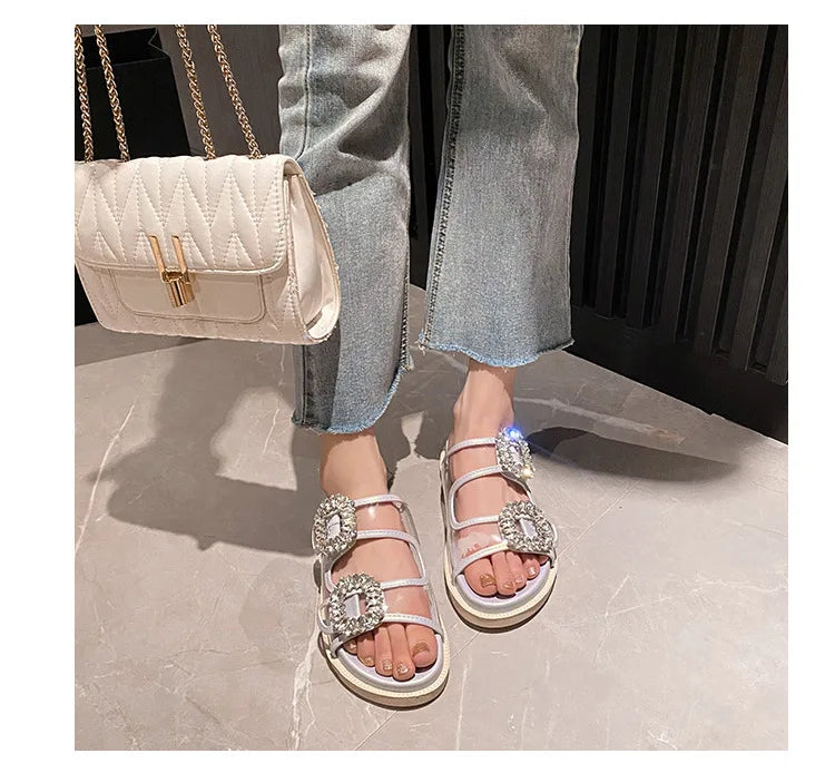 pearl rivets thick bottom women slippers crystal beading flip flops lace band platform sandalias mujer pearl slides big size 43