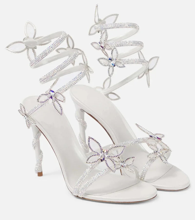 Luxury Crystal Embellished Butterfly Detail Women Sandals Sexy Coiled Strap Thin High heels Gladiator sandals Summer Party Shoes