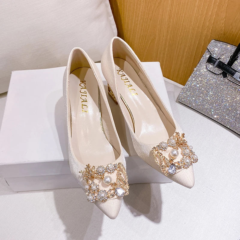 Autumn New Ladies High Heels Pointed Toe Shaped Heel High 5cm and 7cm Wedding Shoes Square Buckle Travel Banquet Shoe High Heels