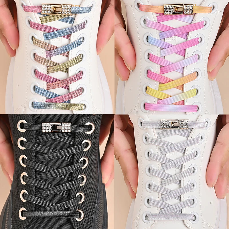 No Tie Shoe Laces Diamond Buckle Elastic Laces Shoelaces Pearl Light Colorful Fashion Without Ties Laces Sneaker Kids Adult