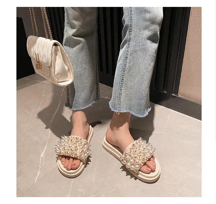 pearl rivets thick bottom women slippers crystal beading flip flops lace band platform sandalias mujer pearl slides big size 43
