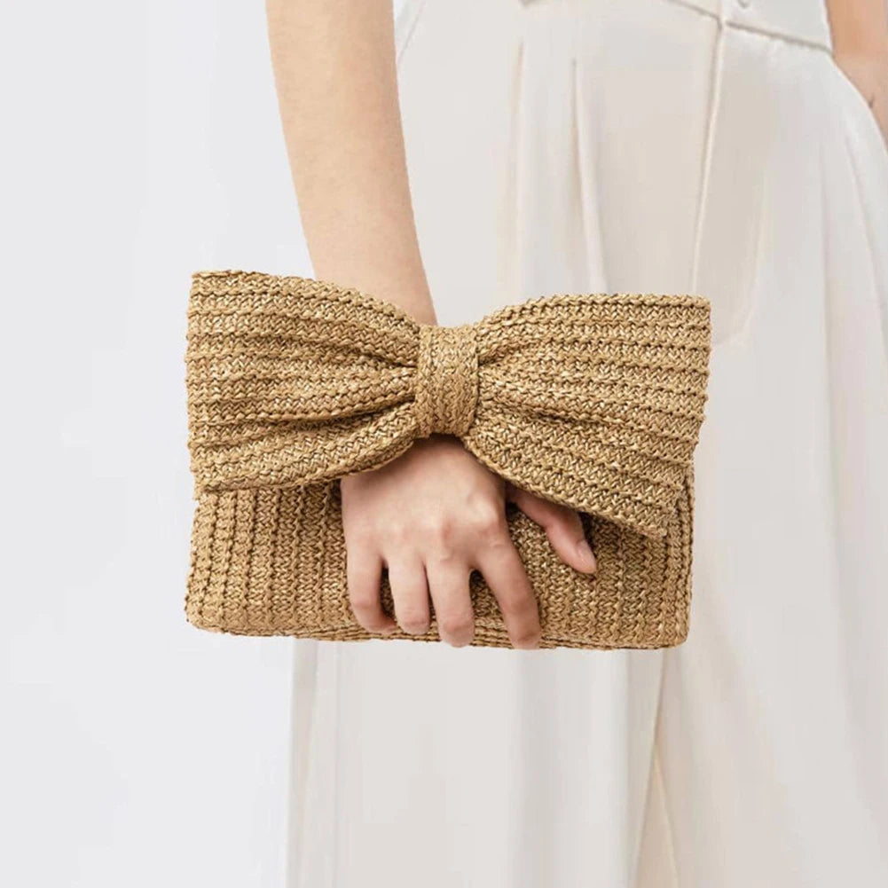 Women Bow Purse Summer Straw Woven Clutch Bag Luxury Design Handbags Purses Vacation Beach Tote Formal Party Wedding 2024 New