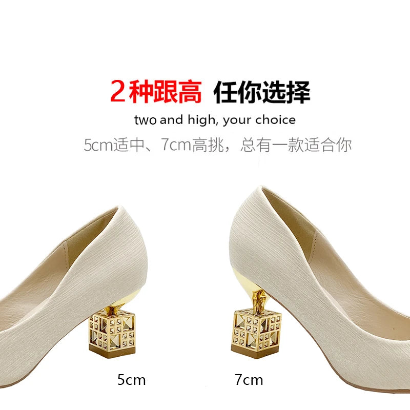 Autumn New Ladies High Heels Pointed Toe Shaped Heel High 5cm and 7cm Wedding Shoes Square Buckle Travel Banquet Shoe High Heels