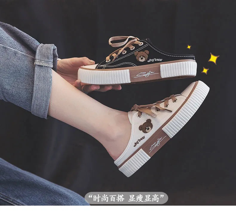 Comemore High-top Canvas Woman Vulcanized Shoes Flats Casual Espadrilles for Women Spring Lady Black White Bear Lace Up Sneakers