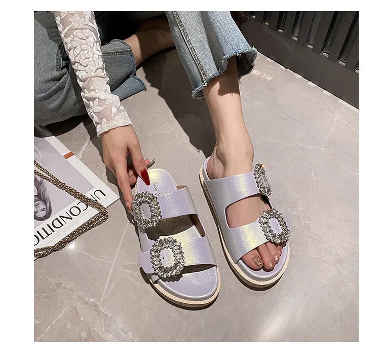 pearl rivets thick bottom women slippers crystal beading flip flops lace band platform sandalias mujer pearl slides big size 43