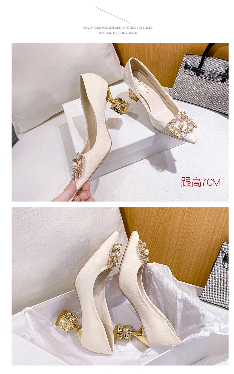 Autumn New Ladies High Heels Pointed Toe Shaped Heel High 5cm and 7cm Wedding Shoes Square Buckle Travel Banquet Shoe High Heels