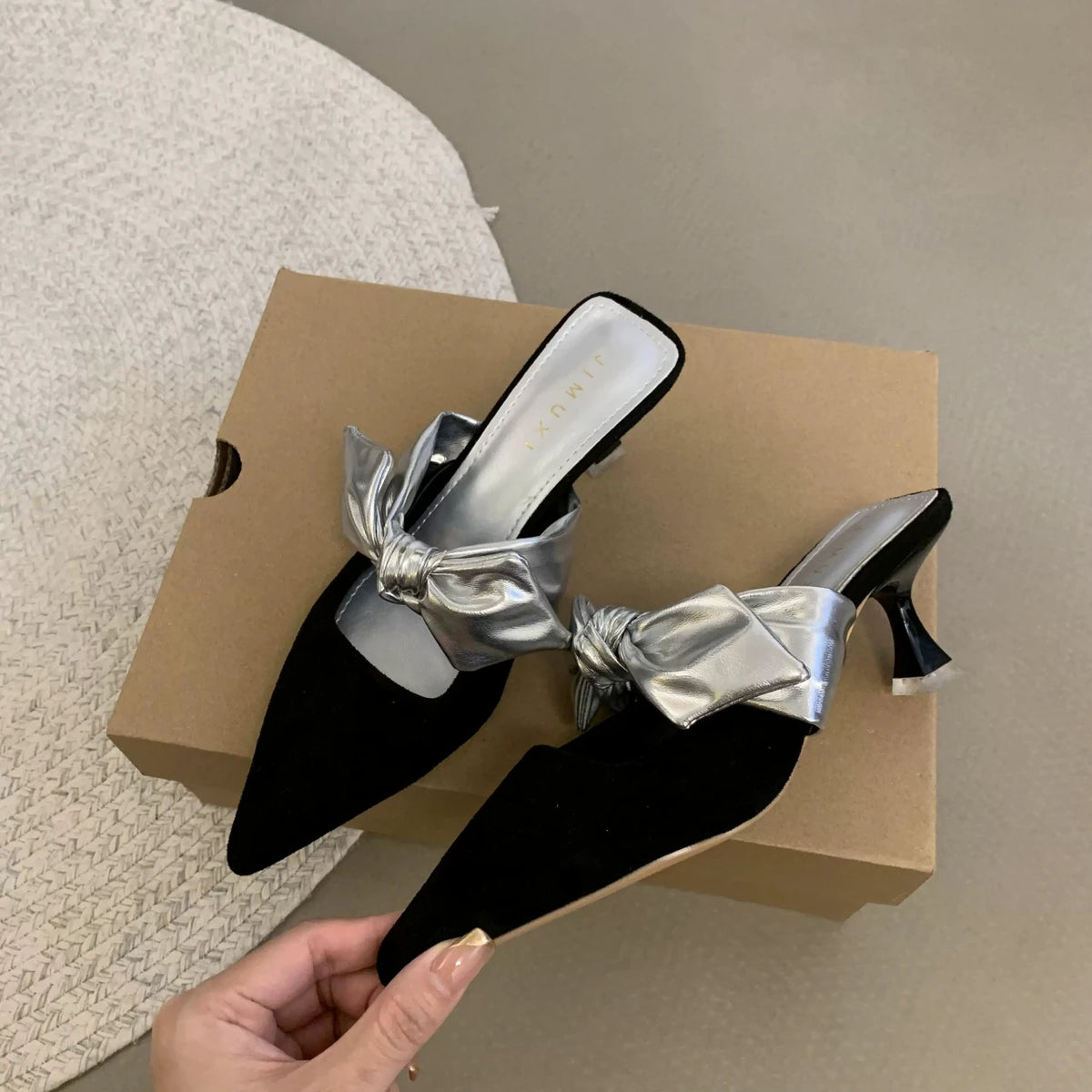 2024 Summer Women Pointed Toe High Heels Sandals Bowknot Fashion Flower Woman Shoes Slingback Woman Slippers