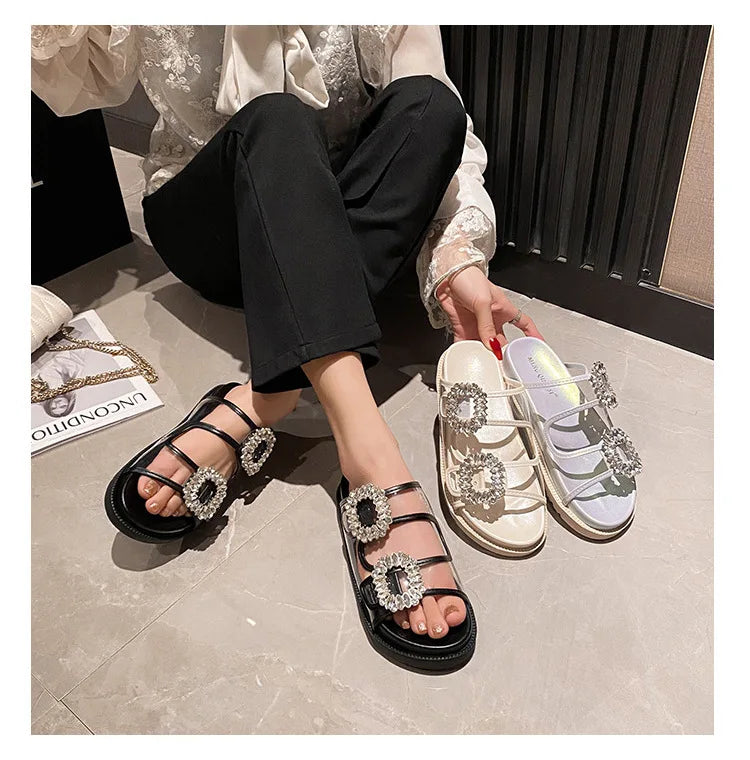 pearl rivets thick bottom women slippers crystal beading flip flops lace band platform sandalias mujer pearl slides big size 43