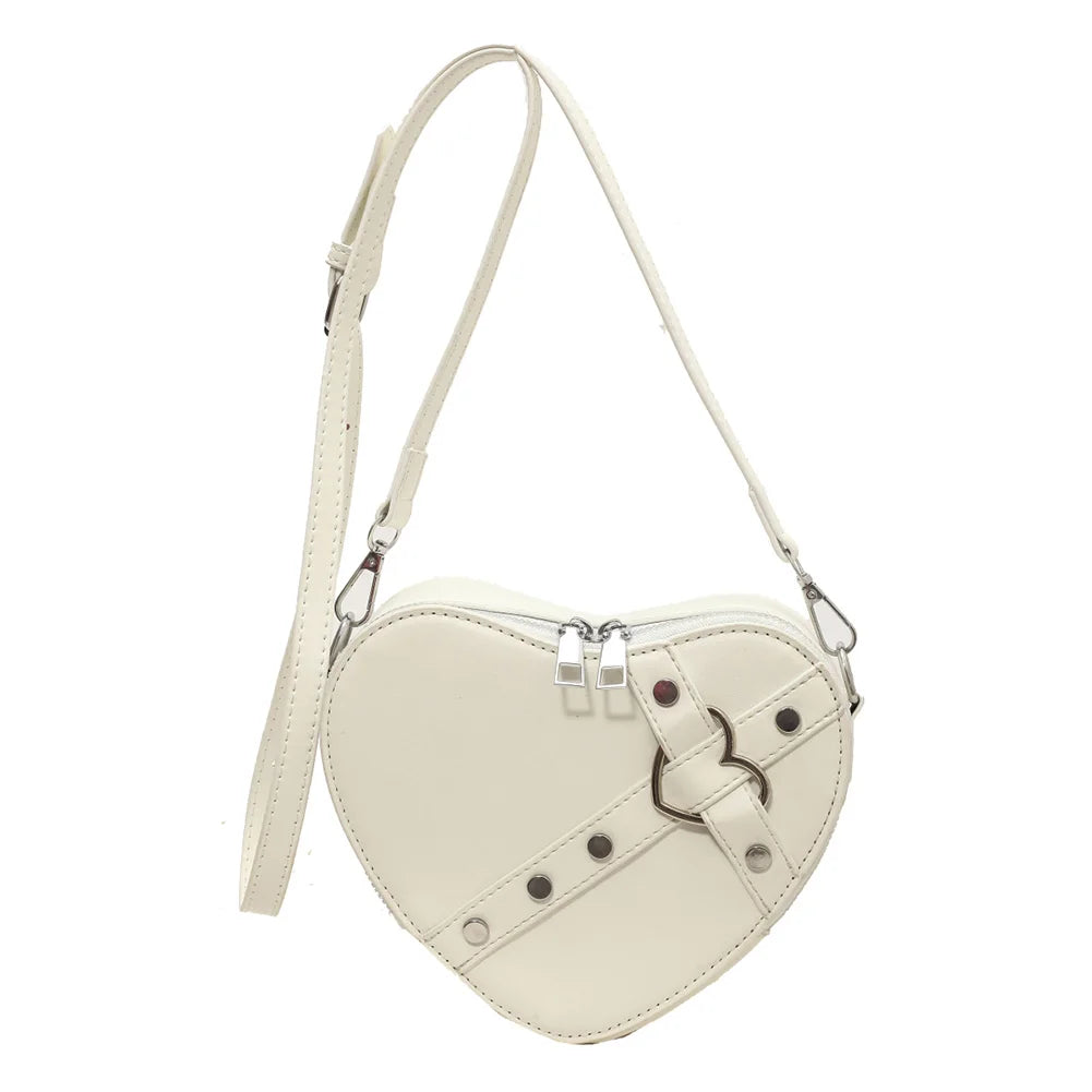 Vintage Y2K Small Chain Rivet Shoulder Bag Heart Shaped Purse Handbag Red PU Leather Gothic Tote Bag Fashion Women Crossbody Bag