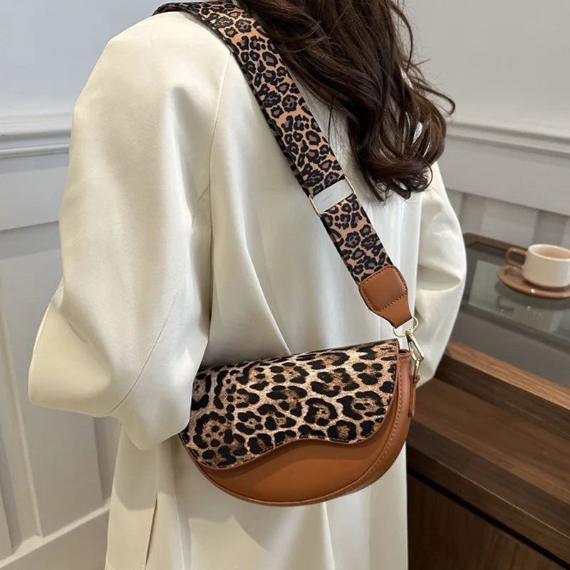 Wide Strap Leopard Print Crossbody Bags For Women, Fashion Designer Shoulder Bag For Daily Used, Versatile Ladies Handbags