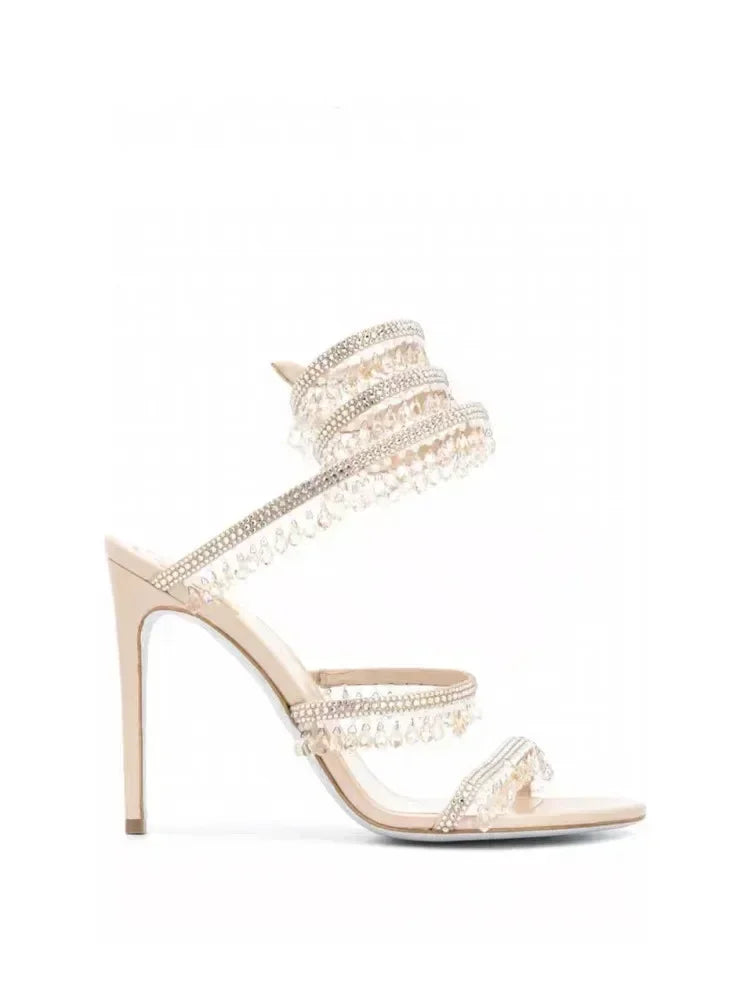 2025 Women's New Rhinestone Sandals Fashion Tassel Crystal Shoes Sexy Nightclub Banquet Party Twining Stiletto Women's Sandals