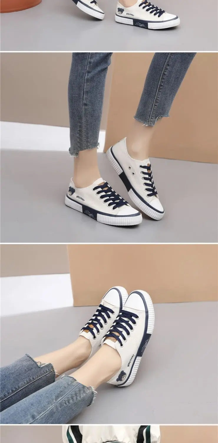 Comemore High-top Canvas Woman Vulcanized Shoes Flats Casual Espadrilles for Women Spring Lady Black White Bear Lace Up Sneakers